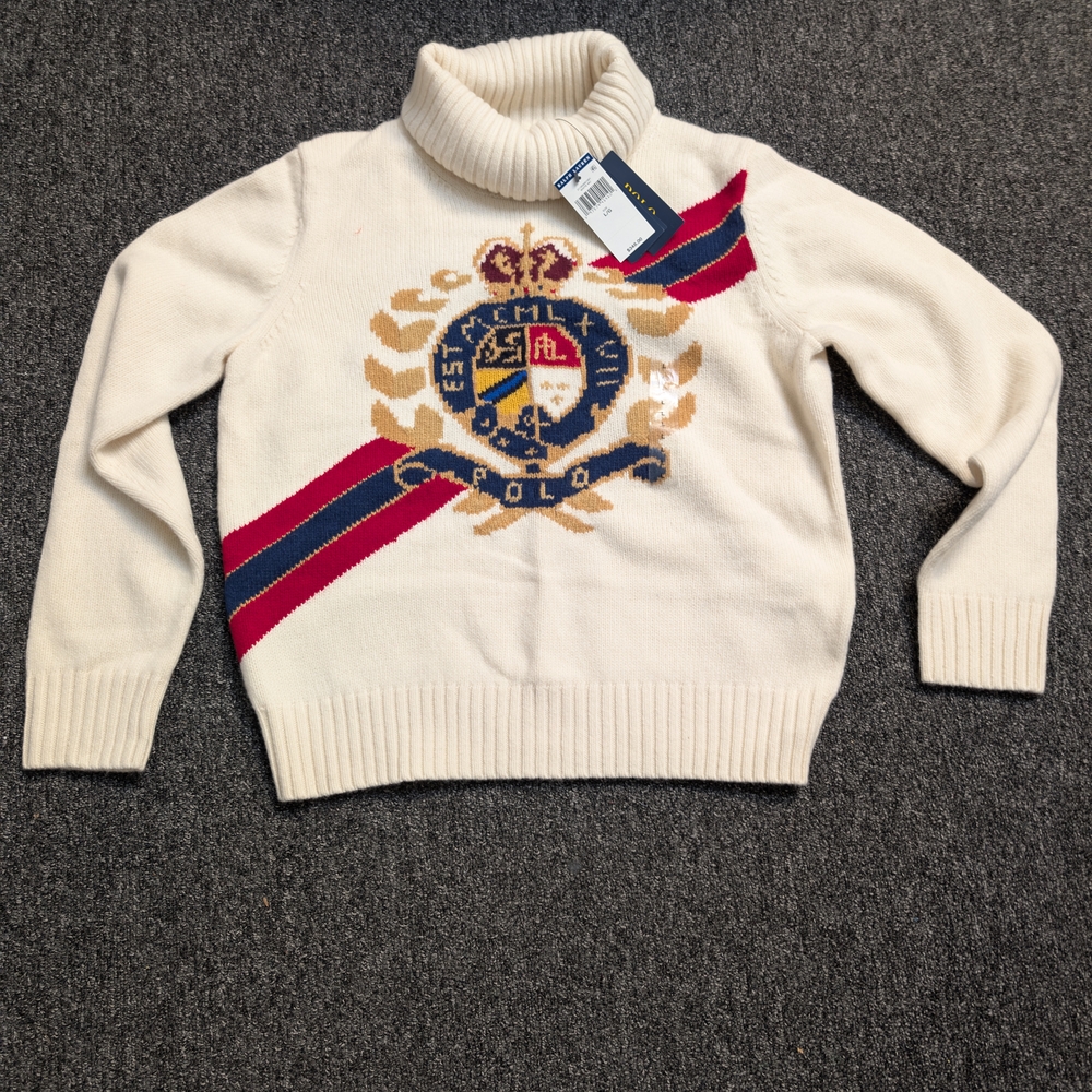 Cream Turtleneck Sweater with Crest Design